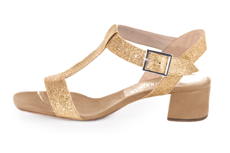 Gold and tan beige women's fully open sandals, with an instep strap. Square toe. Low flare heels. Profile view - Florence KOOIJMAN